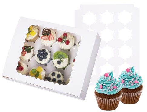 LONGTEAM 15-Set Cupcake Boxes Hold 12 Standard Cupcakes, Food Grade Cupcake Holders Bakery Carrier Boxes with Windows and Inserts for Cupcakes, Muffins and Pastries (15)