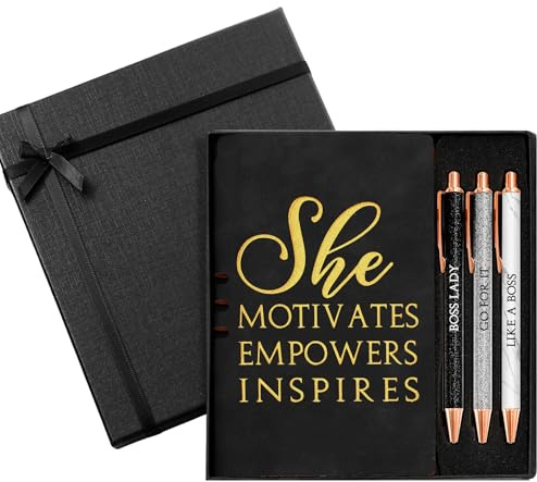 Resurhang 5 Pcs Boss Gifts for Women Set Appreciation Gifts for Coworkers Leather Journal Ballpoint Pens with Box Thank You Present for Friends Teacher Female Leader Birthday Bestie (Black)