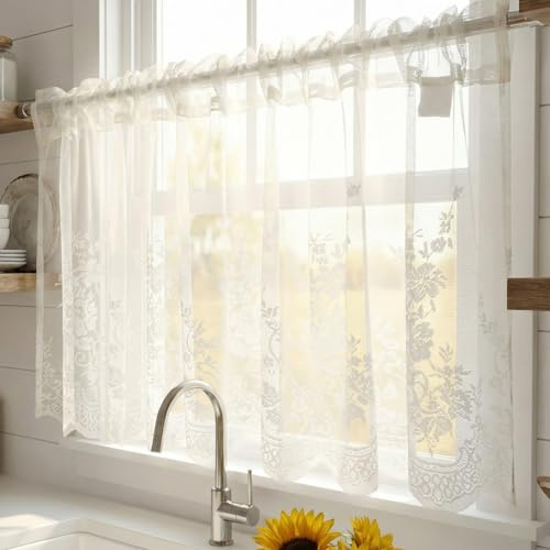 Molaxhome Spitze Scheibengardinen Kurzstores Jacquard Valance für Küche | Halbtransparent Küchengardinen, Bistrogardine Fenstervorhang, Cafe Vorhänge, Fensterschal mit Kante, Blume Valance