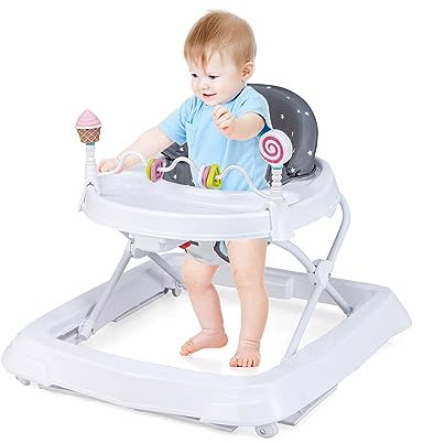 GYMAX Girello Pieghevole per Bambini con 3 Giocattoli, Altezza Regolabile a 3 Livelli, Girello per Bambini con Cuscino Morbido Rimovibile, Adatto a Bambini da 6 a 36 Mesi, Grigio/Rosa (Grigio)