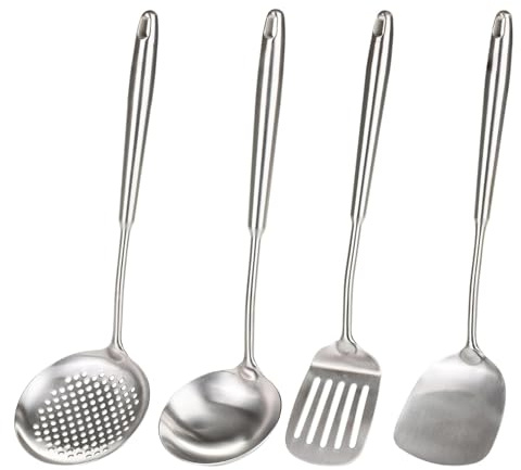 Felenny Juego de 4 cucharas de cocina de acero inoxidable, espátula para wok y skimmer, cucharón de sopa largo, colador de cuchara, utensilios de cocina chinos de acero inoxidable para cocinar y
