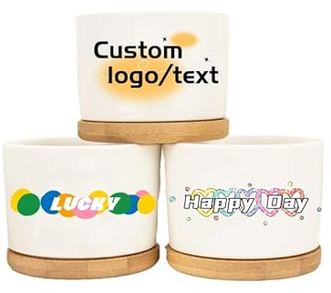 hadefa Maceta de cerámica personalizada para plantas suculentas, con logotipo/texto personalizado con base de madera, interior/exterior