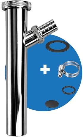 FEINER® Tuyau de vidange universel de qualité supérieure - 1 1/4 x 200 mm x Ø 32 mm - Tube plongeur avec raccord d'appareil - Tuyau pour siphon de lavabo - Lave-vaisselle chromé + collier de serrage