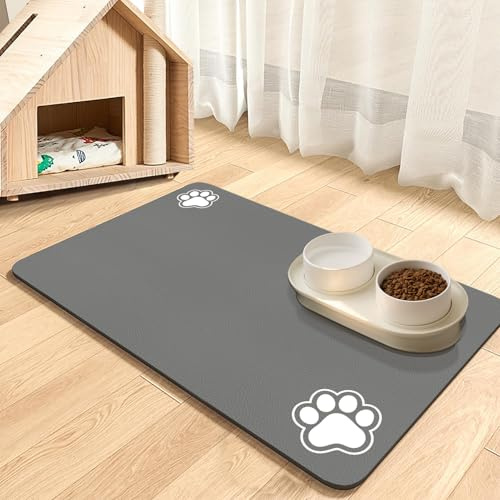 Futtermatte Katzen, Napfunterlage Hund Klein, wasserdichte Haustier Futtermatten rutschfeste Unterlage Katzennapf Fressnapf Futtermatte Katzenfutter Futternapf Matte (Hellgrau-2 Pfoten, 40 x 60 cm)