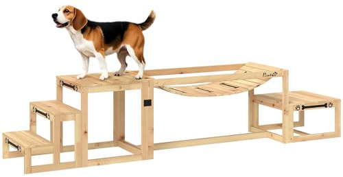 PawHut Equipo de Entrenamiento de Agilidad para Perros, Kit de Equipo de Agilidad para Perros, 3 Piezas, Puente Blando, Plataforma de Pausa, escaleras Incluidas, Madera Maciza, Madera Natural