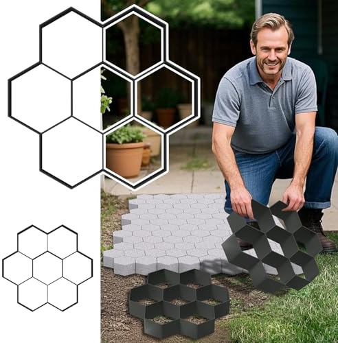 NAIZY Lot de 2 moules à béton DIY 29 x 28 cm Forme de coffrage 7 grilles Forme de fleur hexagonale Moule de coulée Béton Pochoir en plastique pour dalles de jardin Pelouse