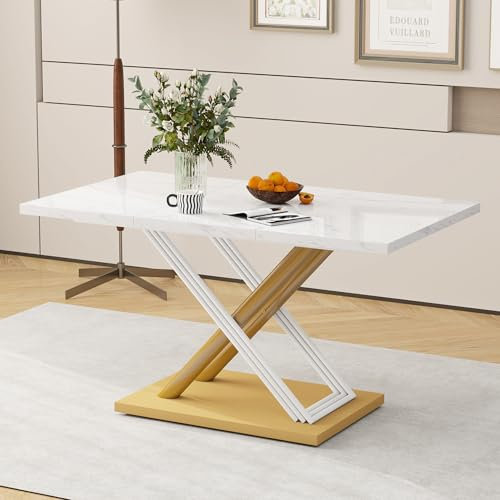 Soweiz Esstisch 4 Personen mit Marmoroptik Tischplatte, Verstellbare Füße, Moderner Küchentisch für Esszimmer und Küche, Weiß, 140 × 80 × 75 cm (Esstisch)