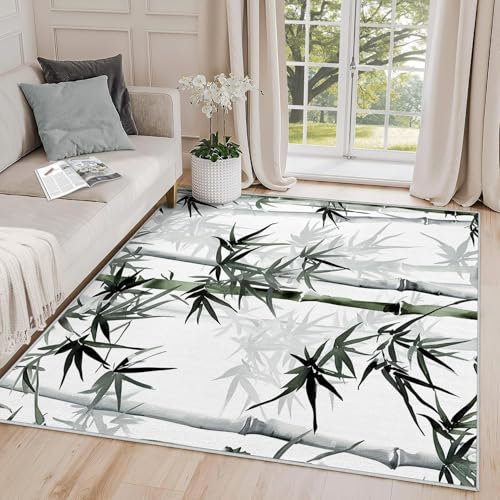 AUWUUA Bambusteppich, 250 x 410 cm, grüner Bambusblatt-Botanikteppich, asiatischer Stil, japanischer Aquarell-Teppiche mit Tuschmalerei, waschbarer Teppiche für Wohnzimmer und Schlafzimmer