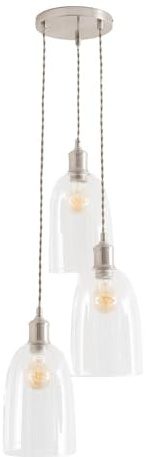 ValueLights | Kira Glass Dome 3 Drop Cluster Brushed Chrome Ceiling Pendant Light with Bulbs | Pendent Light, Home Décor & Improvement Essential | Light Bulb Included | Includes Full Wired Fitting