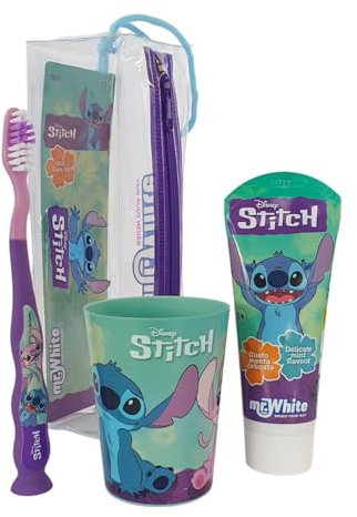 Disney Stitch Kids Toothbrush Set - Soft-Bristle Toothbrush with Suction Cup & Protective Cap, Mint-Flavoured Toothpaste, and Multi-Purpose Beaker | Travel-Ready Oral Care Kit for Children Ages 3+