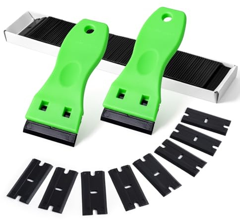 FOSHIO 2PCS Plastic Razor Blade Scraper Tool and 100PCS Plastic Blades for Gasket Remover, Sticker Remover, Labels Decal and Adhesive Remover for Windows and Glass (Lime Green)