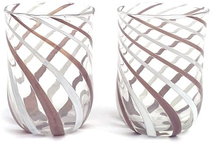 MAZZEGA ART & DESIGN - 2 verres à eau - cylindre SPIRAL - en verre, soufflés et travaillés à la main avec verre de Murano, ligne « Couleurs di Murano » 350 ml. Fabriqué en Italie (2, blanc - rose)