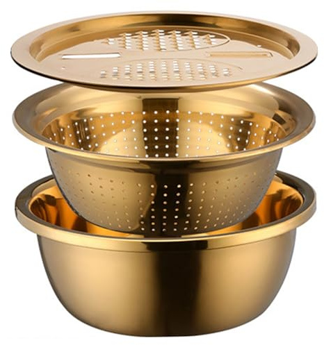 Stainless Steel Colander Set, 3PCS/Set 11 Dia. Gold Strainer, Basin and Grater for Washing, Rinsing, Shredding