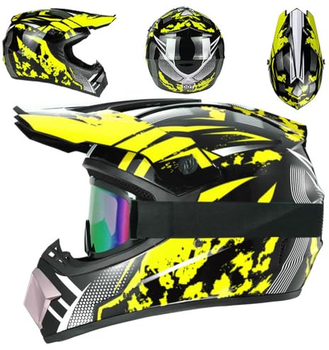 Kinder-Motocross-Helm mit Schutzbrille, Maske, Handschuhen, Integral-Offroad-MX-Motorradhelm für 6–18 Jahre, Dirtbike, ATV, Roller, MTB, BMX, Downhill, Quad, Enduro-Rennhelm, DOT-geprüft(905 Yellow,M(