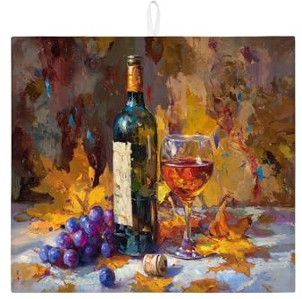 Grape and Wine Dish Drying Mats for Kitchen Counter, Rustic Vintage Absorbent Dish Drainer Rack Mat, Autumn Microfiber Drying Pad for Kitchen Counter Coffee Bar Protector 16x18 Inch