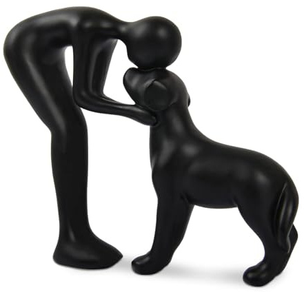Kityemo Statua in Ceramica di Cane Carino in Nero – Scultura Canina Decorativa, Regalo per Amanti degli Animali, Decorazione per Casa/Ufficio, Scultura di Uomo e Cane