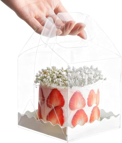 10Pcs Transparent Bento Cake Boxes, Plastic Clear Baking Square 5.25 Inch Cupcake Box with Handle and Base, Clear Gift Cake Boxes for Dessert Candy Cakes for Wedding Birthday Party Favors