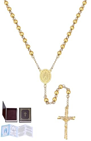 U7 Collar Rosario de Mujer Acero Inoxidable con Cuentas de 6mm Dorado Rosario