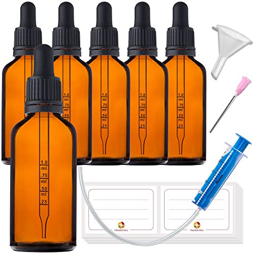 Lot de 6 flacons compte-gouttes de 50 ml en verre teinté marron avec 16 accessoires inclus Flacons de pharmacie