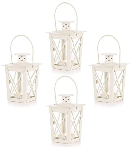 Nuptio Farol de Techo/Colgante, Farol portátil de Cristal, Linterna Retro de Hierro, araña de hogar/Patio (Blanco, 4 Pcs)