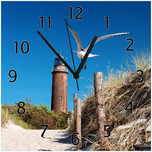 Wallario Design-Wanduhr Möwe am Strand mit Leuchtturm aus Glas, Motiv-Uhr Größe 30 x 30 cm, Schwarze Zeiger