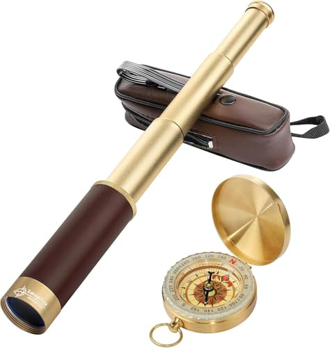 Laupha Retro Pirat Teleskop Monokular 25x30 Zoomable Vintage Kapitän Jack Spyglass BAK-4 Linse Fernrohr Kinder with Kompass Faltbar Tragbar Pocket Monokular Erwachsene für Outdoor Camping