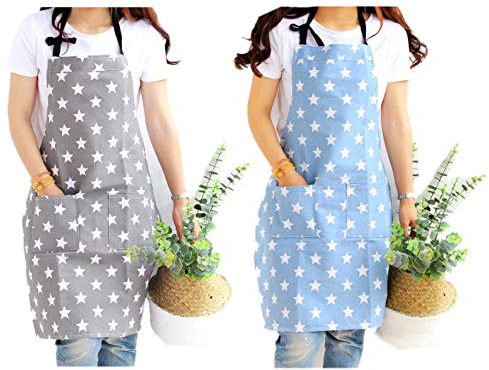 JZK 2 x Sterne Latzschürze Kochschürze Küchenschürze mit 2 Taschen Grillschürze Backschürze für Damen für Küche Garten BBQ