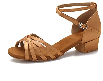 Yokala Ballroom Latin Salsa Dance Shoes Women Low Heel Practice Dancing Sandals for Social Dance Beginner S04 (7.5,Tan-1.5 Inch Heel)