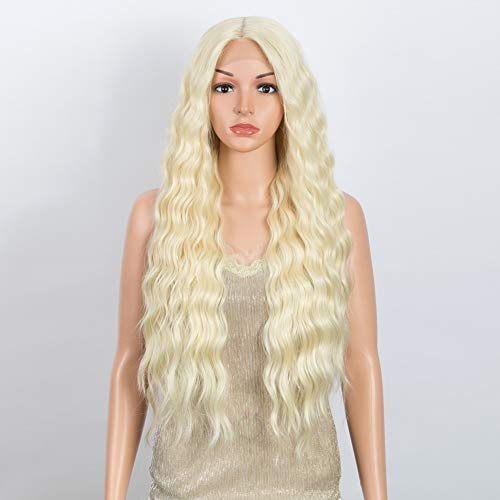 DÉBUT Lace-Front-Perücke, 76,2 cm, Wasserwellen, super lange Perücke, 5 % brasilianisches Echthaar und 95 % hitzebeständige Kunsthaarperücke, 240 g, 15,2 cm, Spitzenscheitel (Spitze 76,2 cm, blond)