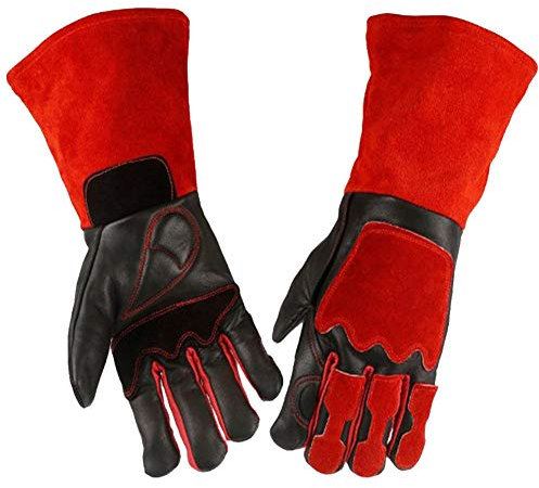 Guantes Para Soldar de Forja de Cuero Resistentes Al Calor/Al Desgaste,Guantes Para Barbacoa/Camping/Cocina Con Manga Larga Roja, Guante Para Estufa Con Chimenea Para Soldador,2 Pares,16inch