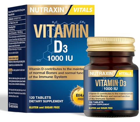 Nutraxin Vitamin D3 1000 IU - 120 Tablets, 1 a Day Daily Sunshine Vitamin D3 Supplement - Immune, Bone, Teeth & Muscle Support - 4 Month Supply, Non-GMO, Gluten-Free