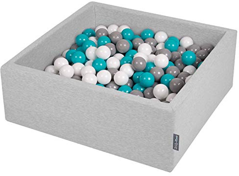 KiddyMoon 90X30cm/200 Balls ∅ 7Cm / 2.75In Square Baby Foam Ball Pit Made In EU, Light Grey:Grey/White/Turquoise