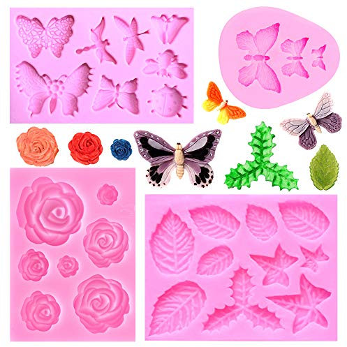 Nifocc Stampo in silicone a forma di farfalla a forma di farfalla a forma di foglia a forma di libellula per cioccolatini caramelle cupcake, decorazione fai da te in argilla polimerica 4 pezzi