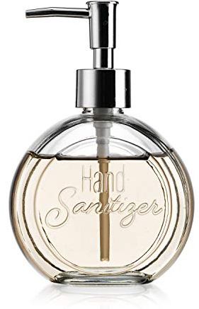 Elegant Home 12.5 Oz 6 Clear Embossed Glass Hand Sanitizer Dispenser Holder Bottle - Refillable, Acrylic Pump Ideal for Soap, Body Lotion, Essential Oil, Great for Bathroom & Kitchen