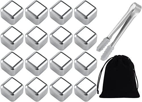 Kellegour 16 PCS Cubetti di Ghiaccio Riutilizzabili in Acciaio Inox,Set Cubetti di Ghiaccio in Acciaio Inox,Cubetti di Ghiaccio Acciaio,con Pinze e Sacchetto di Stoffa,per Cocktail,Amanti del Whisky