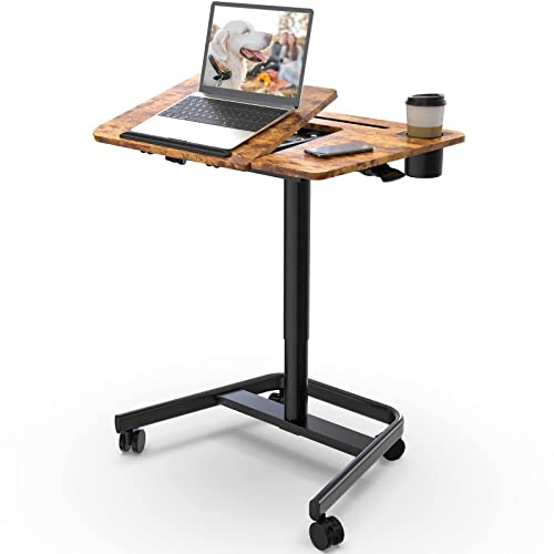 JOY worker Mobiler Stehtisch, Pneumatischer Höhenverstellbarer Tisch, 60° Neigbarer Rollbarer Laptoptisch, Tragbarer Sitzständer Schreibtisch mit Rädern, Hält bis zu 10 kg, Rustikal