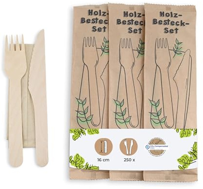 BIOZOYG Wooden Cutlery Set Wooden Knife & Wooden Fork with Napkin 16 cm I bio-Coated I Cutlery for Snack Shops & Parties I Biodegradable & Plastic-Free I 250 Pieces