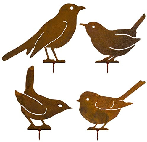 ALEMIN Rost Vogel Gartendeko für Draußen Herbstdeko Outdoor, Garten Deko 4 Rost Metall Vögel Gartenstecker mit Schraube
