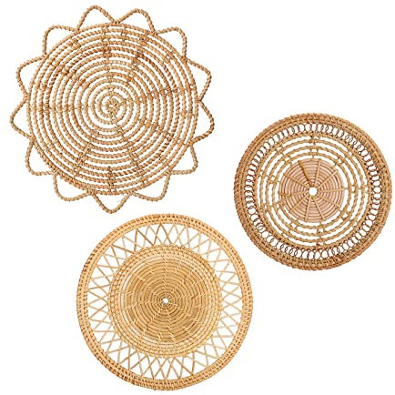 RXMORI Boho Wandkorb Dekor, Set von 3 Hängekörben, natürlich gewebte flache Körbe, runde Weidenkörbe, Wandkunst, handgefertigter rustikaler Wandkorb für Heimdekoration, 25cm-30cm-33cm