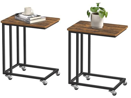 VASAGLE Table d’Appoint, Lot de 2, Bout de Canapé, avec roulettes | Table Mobile, Cadre en Acier, Montage Facile, Style Industriel, pour Salon, Chambre, Balcon, Marron Rustique et Noir