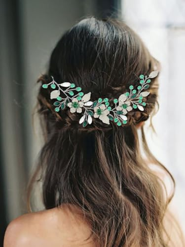 IYOU Strass Brautschmuck Haarreifen Grüne Blume Hochzeit Stirnband Party Brautjungfer Haarschmuck für Frauen