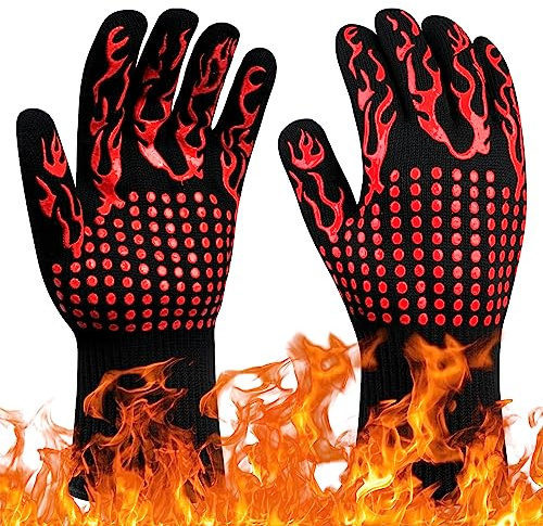 Flintronic Gants de Barbecue, Gants de Four Anti-Chaleur Jusqu'à 800°C, Gants Cuisine Résistant à la Chaleur et Antidérapants, Gant Cuisson Chaleur pour BBQ/Four/Gril/Cheminée/Soudage/Cuisson au Four