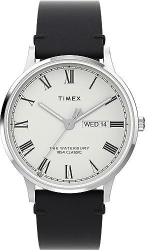 Timex Men's Waterbury 40 mm Watch - Black Leather Two-Piece Quick Release Strap White Dial Stainless Steel Case TW2W15000