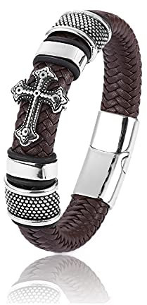 BISONBLUE Armbänder Herren Armband Geschenk Armreif Punk Charm Kreuz Lederarmband Mann Charm Schwarz Gewebtes Individuelles Armband Braun Geschenk