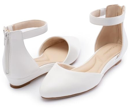 Cusolemore White Flats for Women with Ankle Strap, Comfortable Closed Toe Dress Shoe with Low Wedge Heel, Pointed Toe Bridal Flat Shoes for Wedding Size 8.5