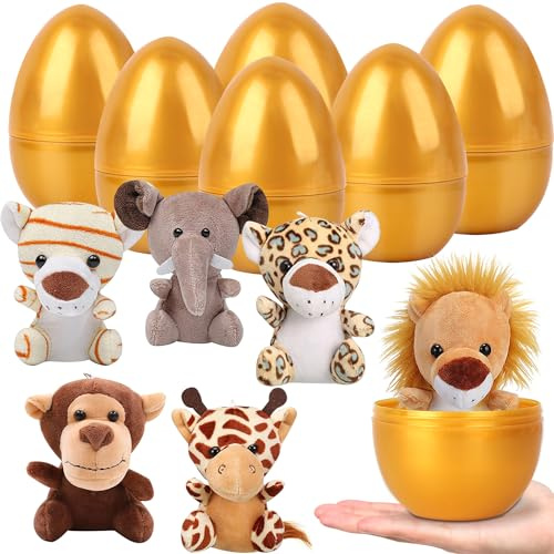 DTYDECLE Gold Filled Easter Eggs, 6pcs Cute Animal Plush Toys Prefilled Gold Plastic Easter Egg Surprise Gift for easter Basket Stuffers Party Favors Egg Hunt for Kids