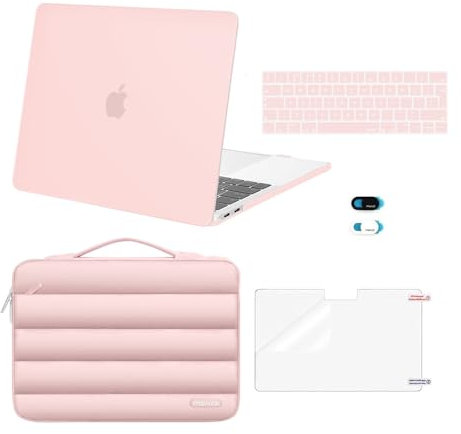MOSISO Funda Compatible con MacBook Pro 13 Pulgadas M2 2024-2016 A2338 M1 A2251 A2289 A2159 A1989 A1708 A1706, Carcasa Plástico&Puffy Carrying Bolsa&Teclado&Webcam&Protector Pantalla,Rosa