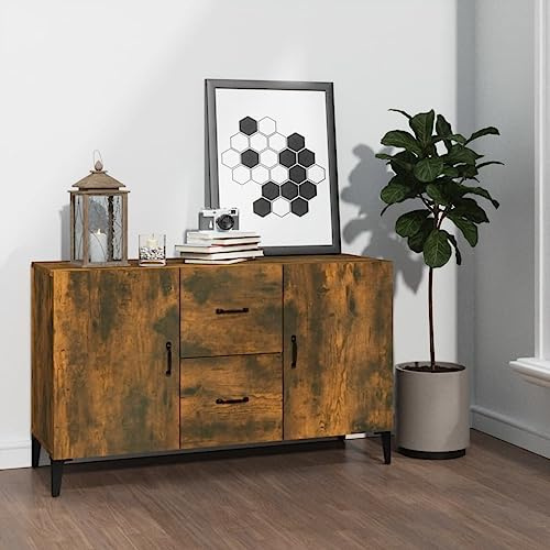 FOZICV Sideboard Räuchereiche 100x36x60 cm Holzwerkstoff Feuchtigkeitsbeständigkeit Klassische Lagerschrank mit 2 Türen und 2 Schubladen Versehen Schubladenschrank Wohnzimmer
