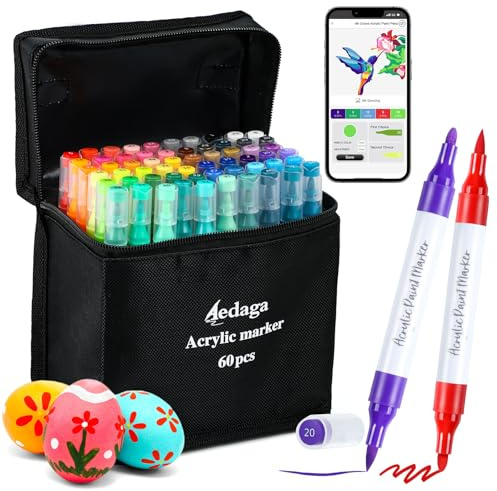 AEDAGA 60 Colours Numbered Acrylic Paint Pens with Free App, Dual Tip Acrylic Paint Markers with Brush Tip and Fine Tip for Adults, Eggs, Wood, Rock, Canvas, Plastic, Stone, Glass, Ceramic