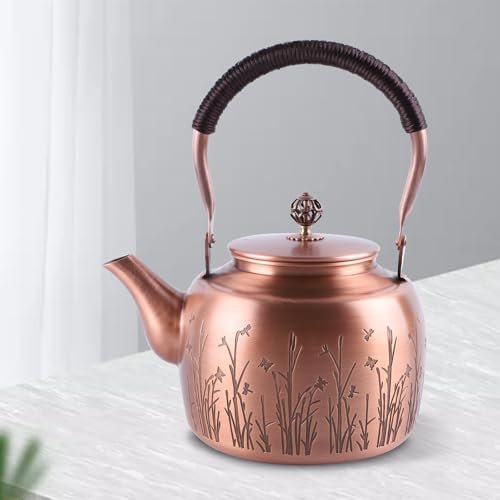 Handgefertigte Kupfer-Teekanne für Herdplatten, 2 Liter, Roter Kupferkessel mit Nicht -Slip -Griff für Gas, Elektroherde, Kupfer-Teakessel mit Filterlöchern und Gravur